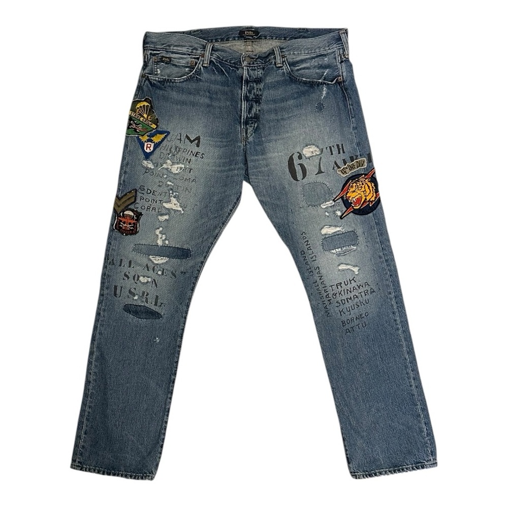 Polo Ralph Lauren Varick Slim Straight Jeans Military Patches Distressed 38 x 32 - Picture 2 of 16